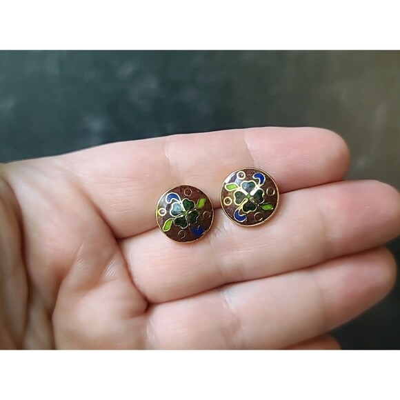 Cloisonne Enamel Floral Circular Stud Earrings Vintage, READ - Picture 2 of 10